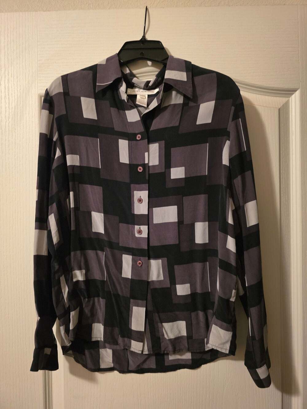 Jones New York 100% Silk Geometric Print Button Down Blouse Size 10